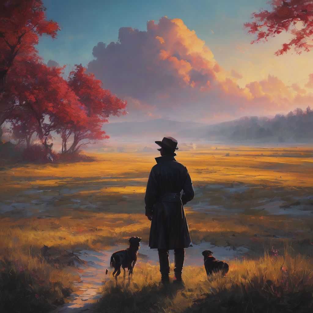 A man with a dog gazing at the horizon